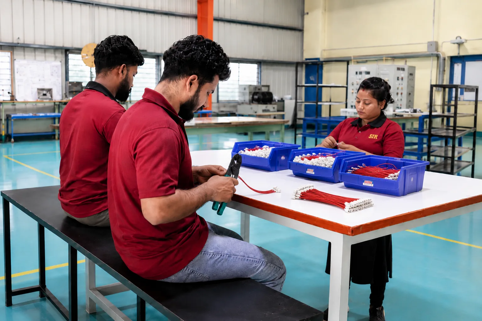 MGTPL technicians crimping wire leads with organised component bins on the assembly floor.