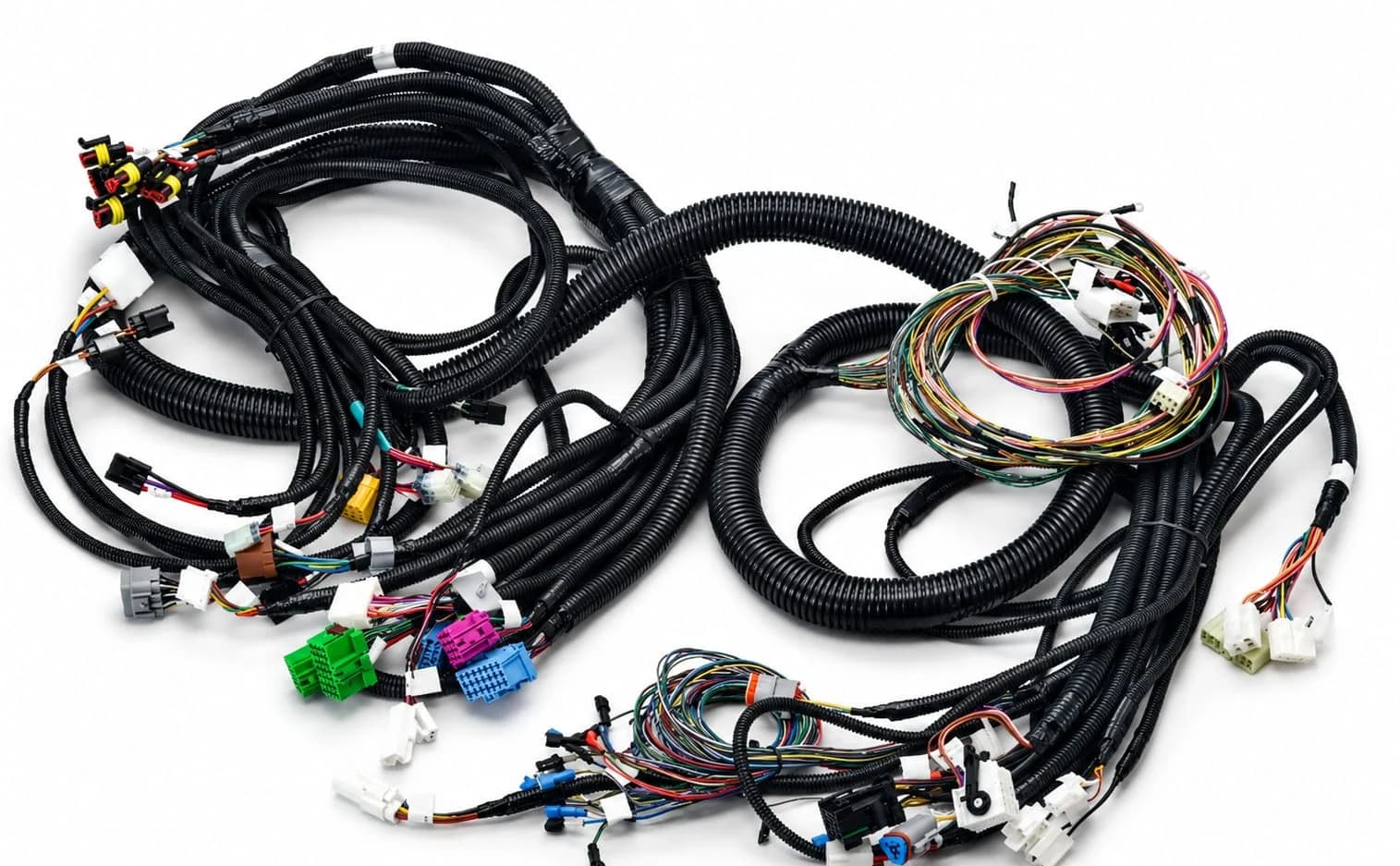 A finished automotive wiring harness with sleeved branches and multiple connectors.